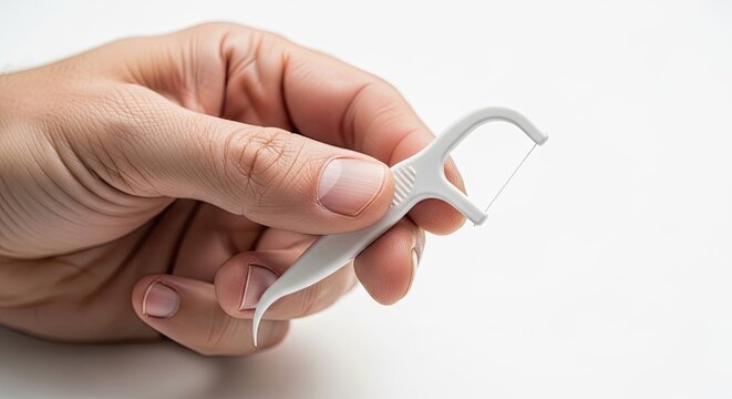 A hand holding a small white plastic dental floss pick against a plain white background with natural