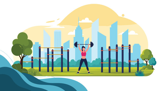 Woman performs a barbell overhead press at an outdoor fitness park with monkey bars and a city skyline in the background for health and wellness.