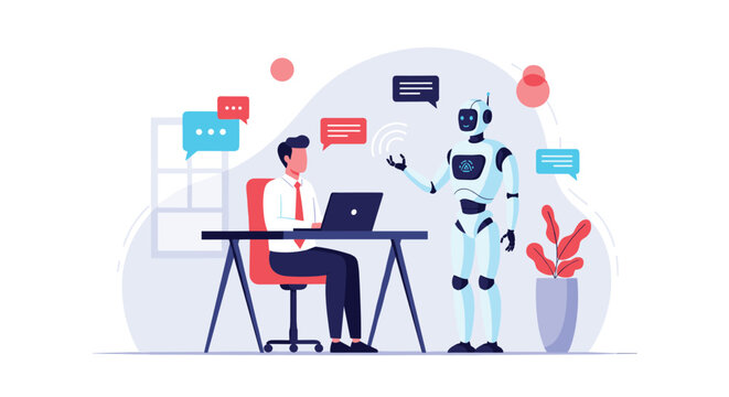 Businessman works at his desk on a laptop while interacting with a humanoid robot to represent human-robot collaboration in the modern office.