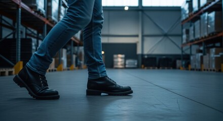 Obraz premium Warehouse worker walking through aisles of storage shelves.