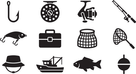 Fishing gear and equipment black silhouette icons set © Open Expression