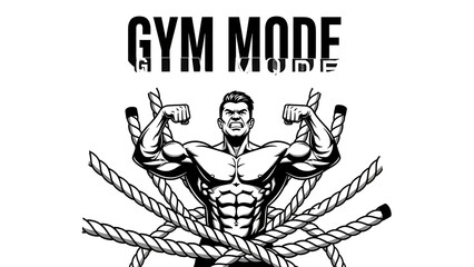 Fototapeta premium A muscular man flexing his arms with ropes and gym mode text isolated on a transparent background