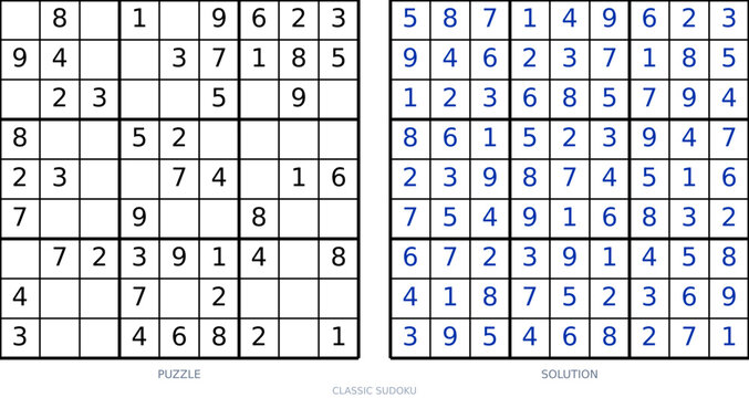 Sudoku puzzle series with 9x9 grids, initial clues, and complete solutions. Clean vector illustration for activity books, brain teasers, and printable worksheets