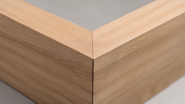 miter. Two wooden blocks forming a perfect miter joint, minimalist composition. safety posters, maintenance manuals, designed for precision metalworking and fabrication facilities.