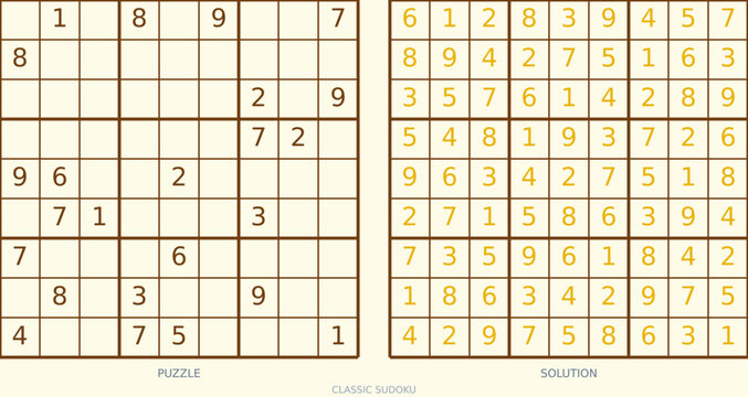 Sudoku puzzle series with 9x9 grids, initial clues, and complete solutions. Clean vector illustration for activity books, brain teasers, and printable worksheets