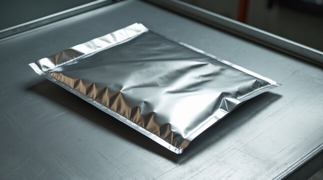 Shipping Mailer Envelope Made of Silver Material on a Metal Surface