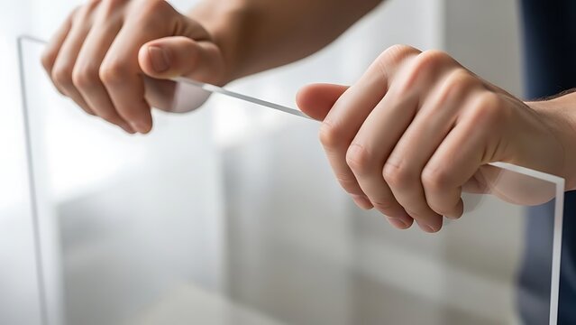 Close-up of male hands gripping and holding a thin transparent acrylic sheet