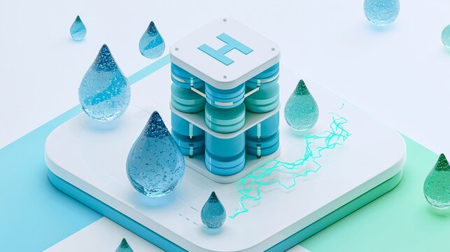 Isometric 3D closeup of shimmering water droplets symbolizing hydrogen generation with a sleek fuel cell stack and vibrant electric pulses all on a minimalist white canvas accented