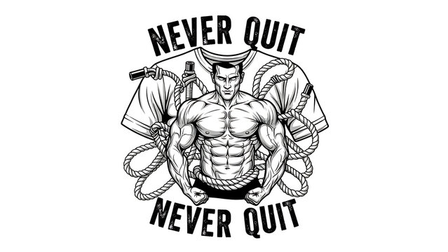 A muscular man with ropes and a t-shirt, surrounded by 'never quit' text isolated on a transparent background