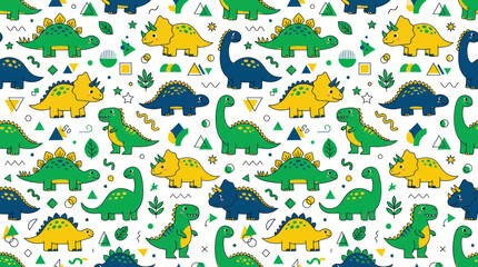 Cute Dinosaur Pattern - Kids Playful Background with Cartoon Dinosaurs and Geometric Shapes © Salon