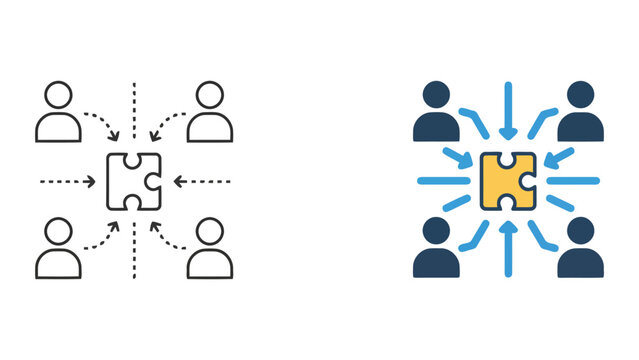 Collaborative problem solving concept with team members connecting puzzle pieces in stylized vector graphic for business partnership and unity