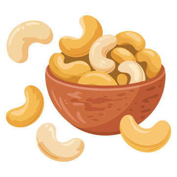 Organic cashew nuts in brown bowl. Vector flat illustration suitable for healthy eating, vegan lifestyle, and natural food design concepts.