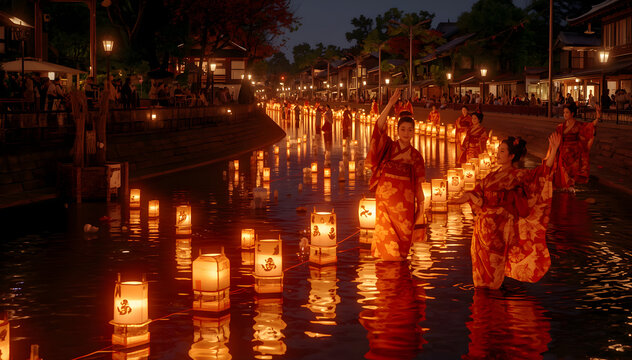 Japanese Festival: Floating Lanterns on River with People in Kimonos Dancing at Night