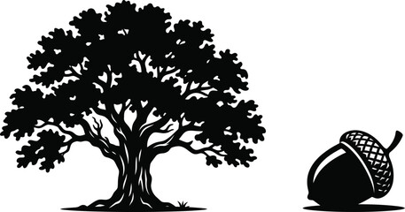 Tree Silhouette with Canopy and Roots, Flat Vector Illustration, with Acorn Icon and Copy Space Background © Hridoy