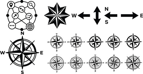 Vintage Compass Rose Vector Collection with Navigation Icons Cardinal Direction Arrows and Map Routing Graphics for Design © MdNajmul