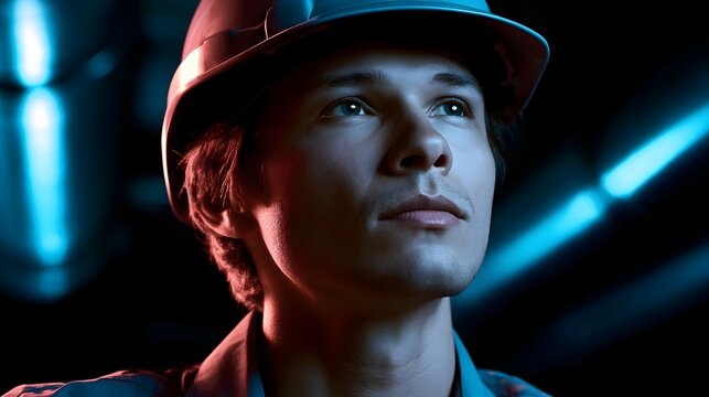 A worker wearing a safety helmet is featured in a dimly lit industrial setting with cool blue metallic tones