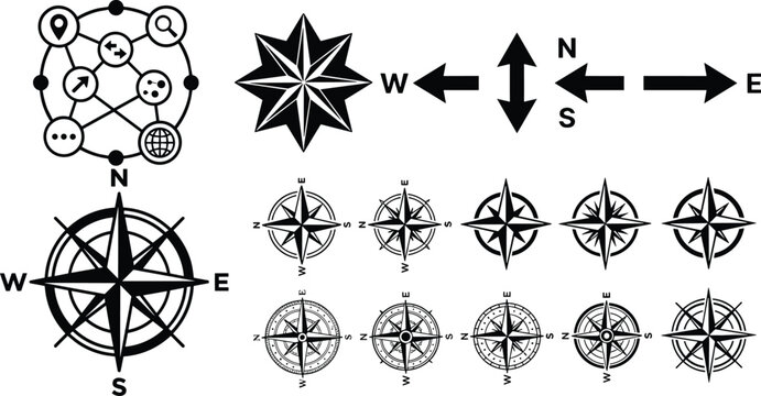 Vintage Compass Rose Vector Collection with Navigation Icons Cardinal Direction Arrows and Map Routing Graphics for Design