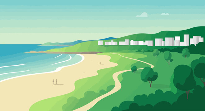 A serene beachside landscape with cityscape.