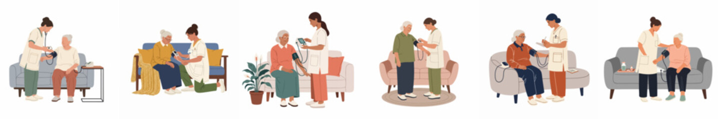 Obraz premium Flat illustration set of a female nurse or caregiver measuring an elderly woman's blood pressure during a home healthcare visit.