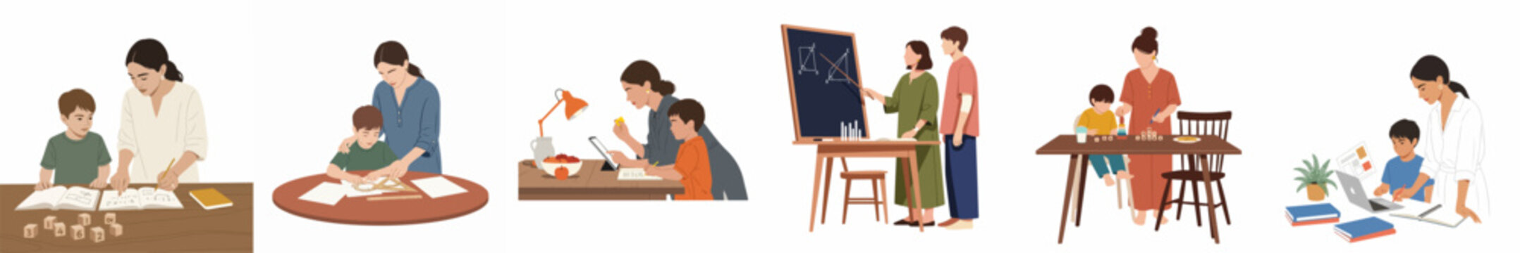 Flat illustration collection of diverse mothers and children engaged in homeschooling, remote learning, and educational activities at home.