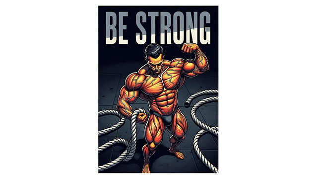Muscular cartoon man flexing with be strong text and ropes isolated on a transparent background