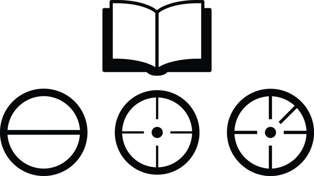 Minimalist Vector Icons Set Featuring Open Book and Abstract Circular Symbols Crosshair Target and Geometric Shapes for Design
