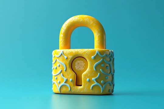 Yellow padlock with blue patterns on teal background