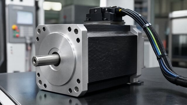 stepper. Large industrial stepper motor with metallic housing and bundled cables. safety posters, maintenance manuals, designed for precision metalworking and fabrication facilities.