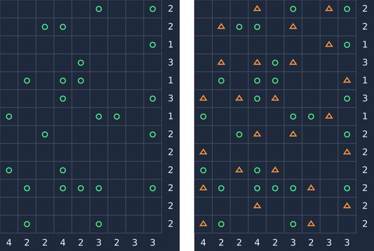 Tents and Trees logic puzzle series with numbered grids, trees, and tent solutions. Clean vector illustration for brain teasers, activity books, and printable worksheets