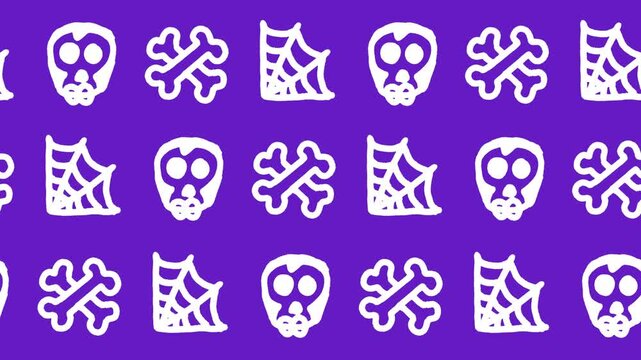 Seamless pattern of hand-drawn human skulls, crossbones, and spider webs on a purple background animation. Spooky Halloween wallpaper line art. Seamless looping.