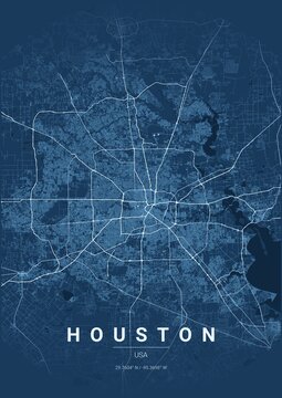 Architectural Houston City Map Poster, Blueprint Style Urban Street Grid Illustration