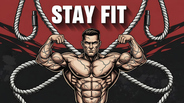 Muscular man flexing with battle ropes isolated on a transparent background