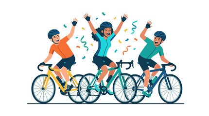 Fototapeta premium Three happy cyclists celebrating victory on their bicycles.