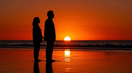 Fototapeta premium Full length silhouette of a mature couple holding hands on the beach during a vibrant ocean sunset.