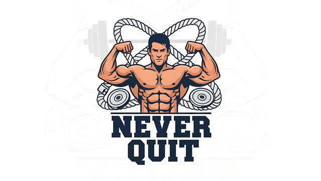 Muscular man flexing with ropes and weights, never quit text isolated on a transparent background