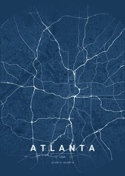 Architectural Atlanta City Map Poster, Blueprint Style Urban Street Grid Illustration