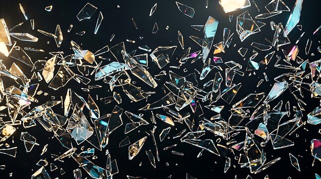 Exploding shards of broken glass on dark background with colorful light reflections
