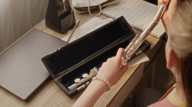 Handheld shot of child girl opening case and assembling silver flute at desk with sheet music. Video is perfect for promoting music schools, private tutoring, and children education programs