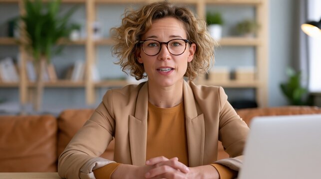 Woman in glasses participating in a remote video job interview from home office