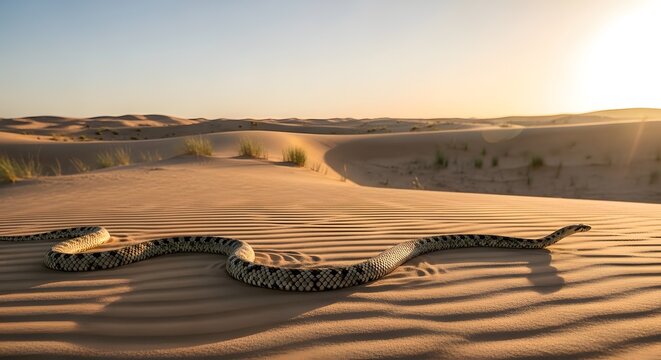 Desert snake slithering across sand dunes at sunset, creating rippled patterns on hot dry ground.