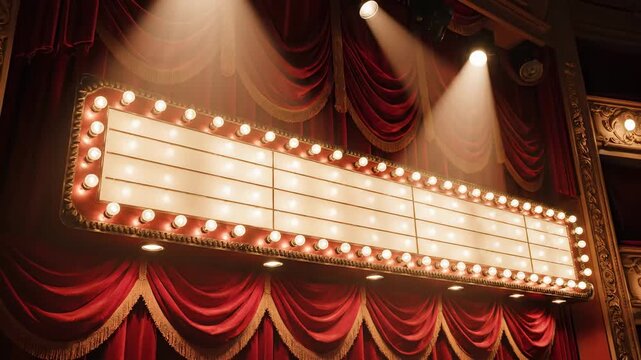 Vintage theater marquee with glowing light bulbs and red velvet curtains for announcement mockup.
