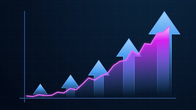 Business growth concept with upward trend chart and neon arrows. Illustrating financial success, profit increase, data analytics, investment return and positive market performance