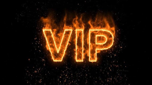 VIP text in burning fire flames isolated on black background for luxury event and exclusive membership concept.