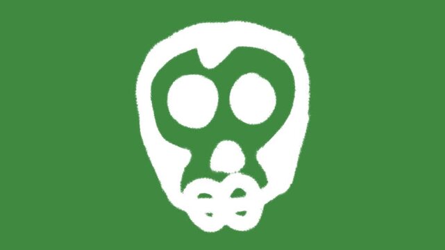 White toxic hazard skull cartoon graphic with chalk outline human skull icon isolated on green screen background for extinction warning and danger symbol element concept.