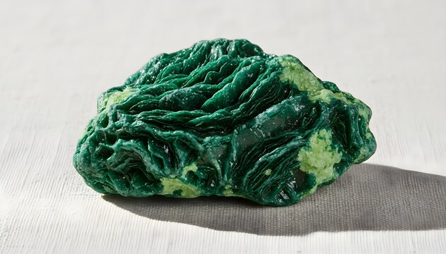 Close up of raw green fuchsite mica schist mineral crystal specimen resting on a white textured background, perfect for geology education and wellness therapy concept