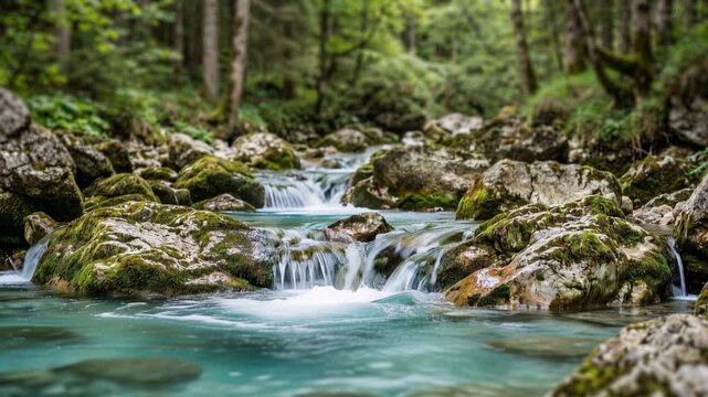 Mountain stream flowing, crystal-clear water, peaceful wilderness atmosphere, natural landscape beauty