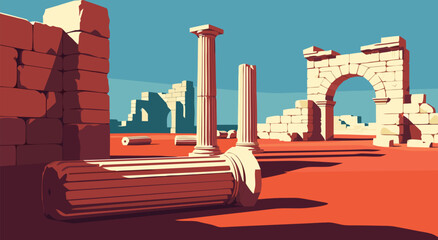 Naklejka premium Ancient Roman ruins, a vector illustration depicting historical architecture with columns and arches, sun-drenched landscape