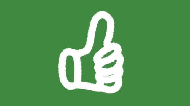 White thumbs up approval cartoon graphic with chalk outline favorite hand gesture icon isolated on green screen background for positive feedback symbol element concept.