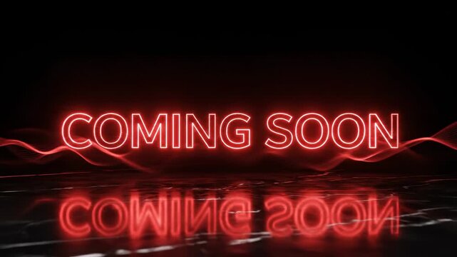 Red neon coming soon sign glowing against a dark background for business announcement or product launch.