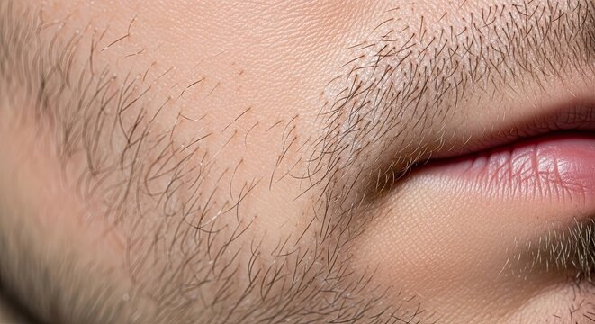 a close-up view of a man's face with a five o'clock shadow and partially open mouth showing his teet